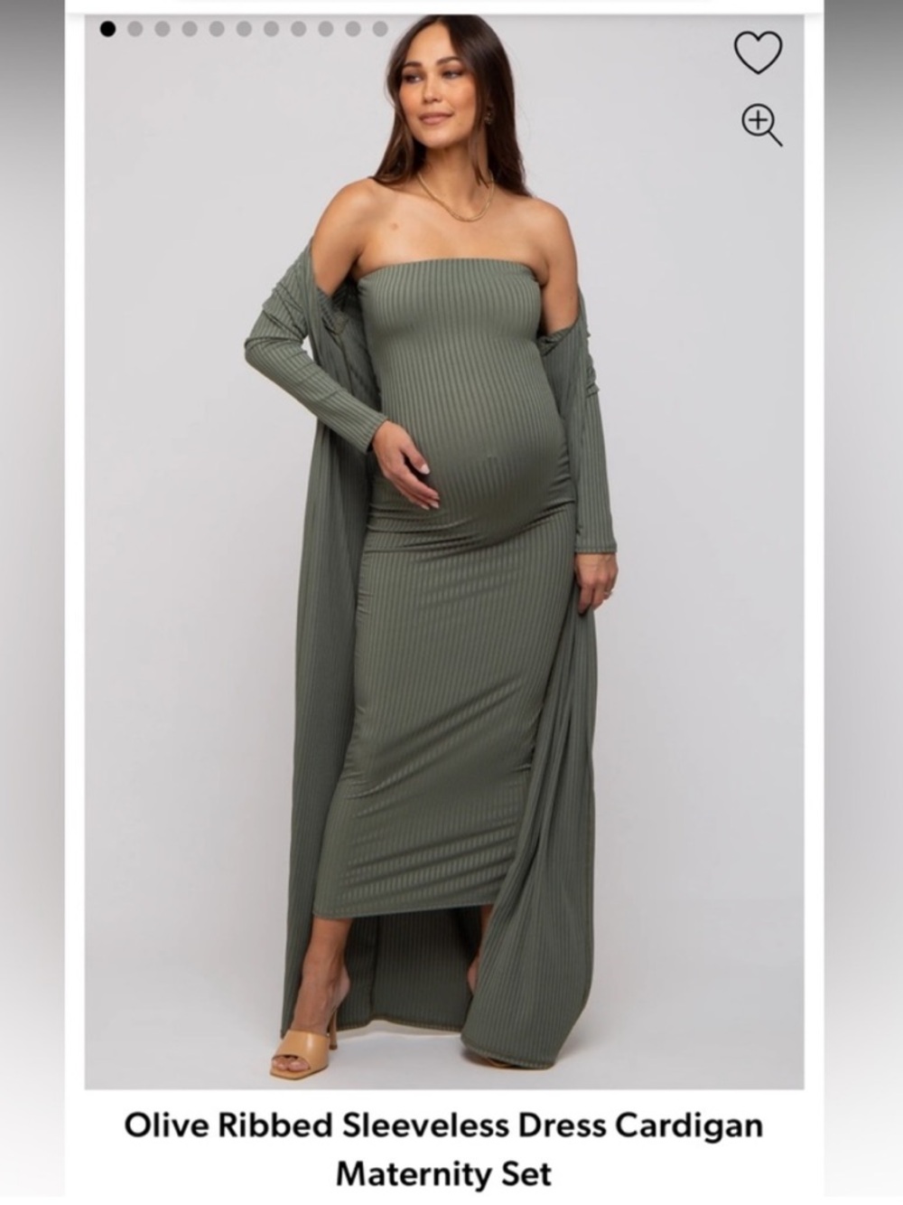 Olive Ribbed Strapless Maternity Dress with Matching Cardigan
